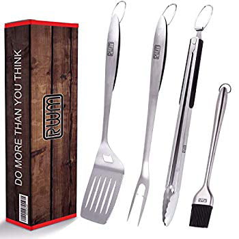 15 Pc BBQ Grill Tool Kit Spatula Tongs Basting Brush Stainless Steel Tools 